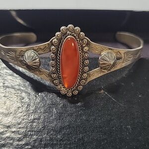 Sterling Silver Style Orange Oval Stone Cuff Bracelet